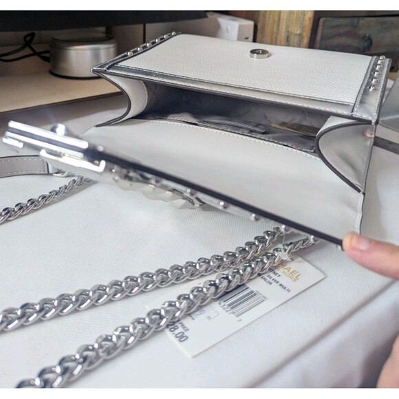 Michael Kors Studded Whitney Bag - Silver, White, Leather,Adjustable Chain Strap - Picture 8 of 14